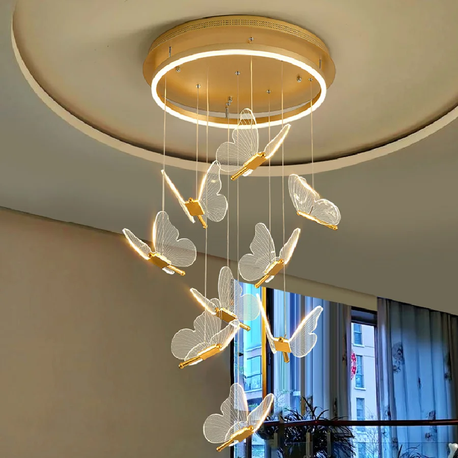 

Art Staircase Chandelier Acrylic Golden Butterfly LED Dimmable Pendant lamps Nordic Duplex Duilding Lobby Chandelier Decoration