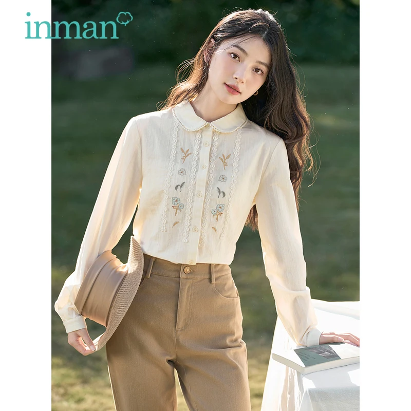 

INMAN женские рубашки 2023 Весна длинный рукав кружева декольте приталенная блузка Ретро вышивка синий абрикосовый литературный элегантный топ