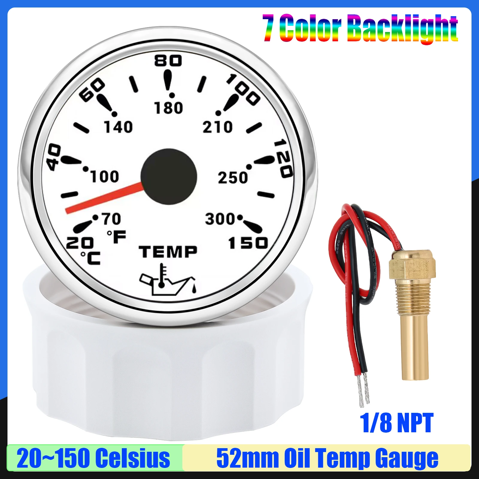 

20~150 ℃ 7-цветный светильник, 52 мм, датчик температуры масла с датчиком 1/8NPT M14X1,5, измеритель температуры масла для автомобиля, морской лодки, 12 В, 24 В, на заказ