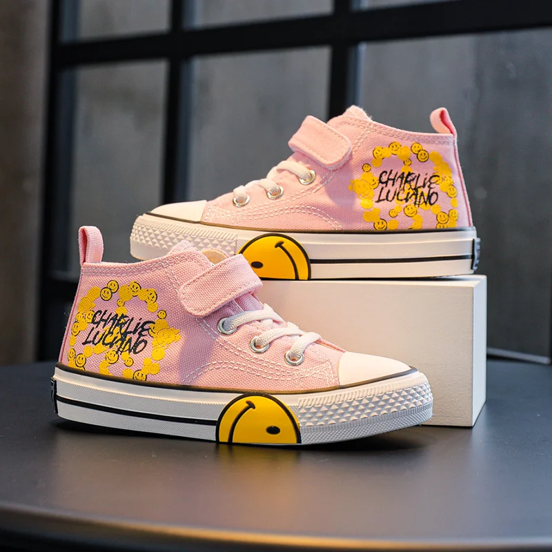 

2022 Fashion Smile Printed Pink Canvas Sneakers Kids Boy High top Breathable Children's Canvas Shoes Gilr Platform Child Sneaker