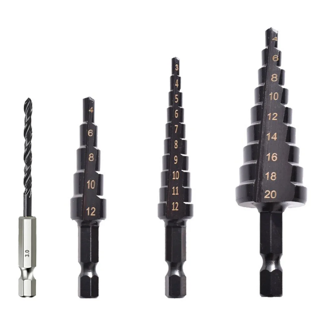 4 Pcs Step Drill Bits Set 3-12 4-12 4-20mm HSS Straight Groove Step Drill Bit Drill Core Drilling Hole Opening Tools Accessories