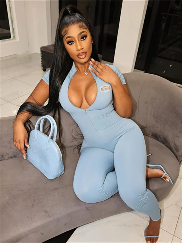 

Summer Outfits Streetwear Soild Jumpsuits Women Short Sleeve Bodycon Rompers Jumpsuits Ladies Blue Black One-piece Outfits 2023