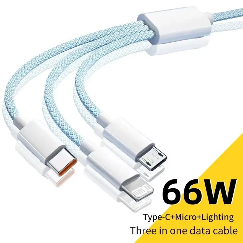 Кабель USB типа C 66 Вт 6A 3 в 1 для Huawei Xiaomi Samsung OPPO Lightning Data Transfer iPhone 2 м