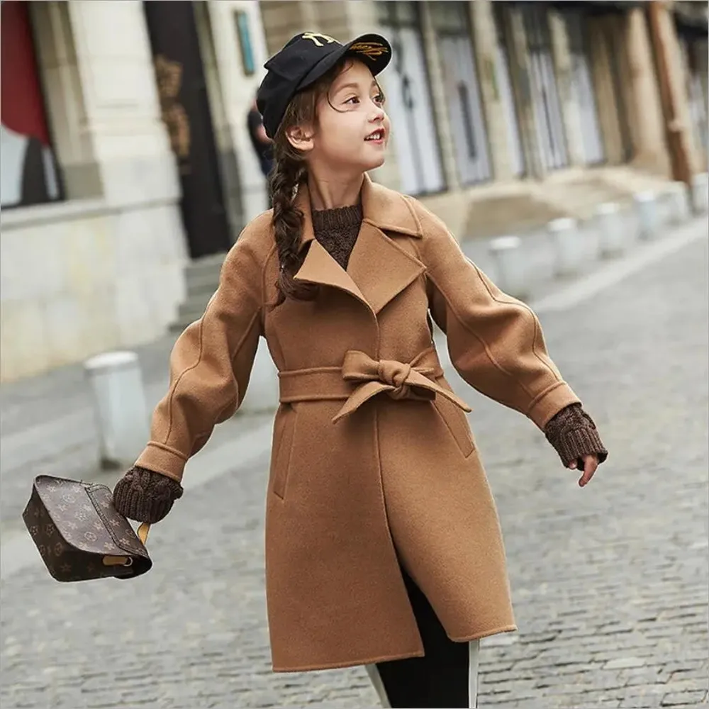 

Демисезонное однотонное пальто из полиэстера и шерсти, новая Корейская версия, средней и большой длины, Детская куртка со скрытой пряжкой для девочек, 2022