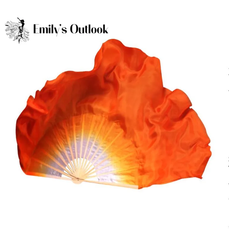 

Women Real Silk 1 Pair White Orange Belly Dancing Silk Bamboo Veils Dance Sequin Short Fan Veil Gradient Color 16"-34"