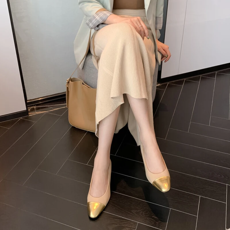 Round head spring sheepskin patchwork simple women's shoes with square heel and rib soles women shoes