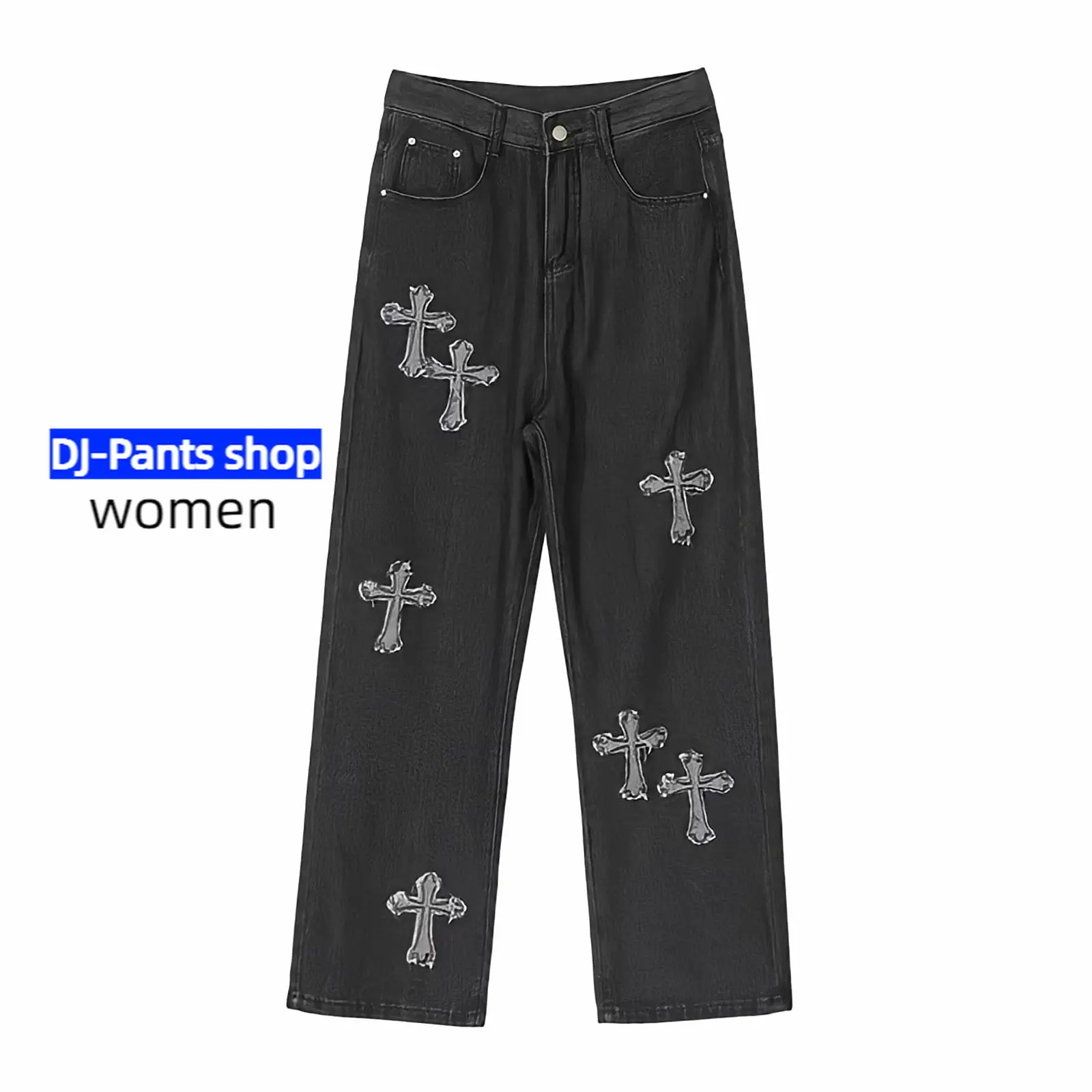 Embroidery Cross Jeans For Men Oversize Black Goth Pants Streetwear 90s Vintage Baggy Casual Straight Leg Ripped Denim Trousers