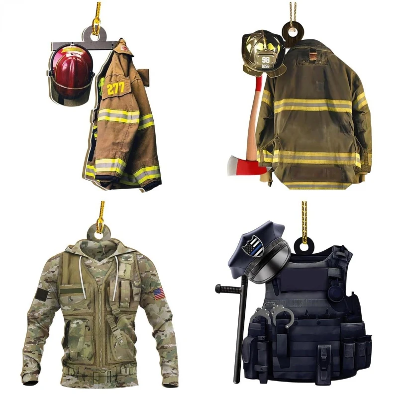 Fireman Uniform Helmet Wooden Christmas tree Ornament Police Soldier Firefighter Coat Gift Souvenir Car Pendant Home Decorations