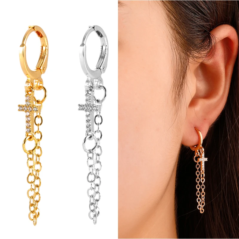

korean fashion aesthetic copper zircon cross chian dangle earring for women ladies long hanging trend punk hip hop earring arete
