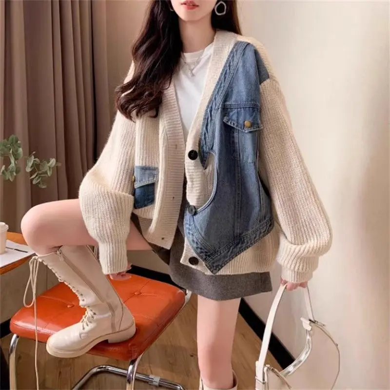 Джинсовый лоскутный вязаный кардиган пальто женское осенне-зимнее с v-образным