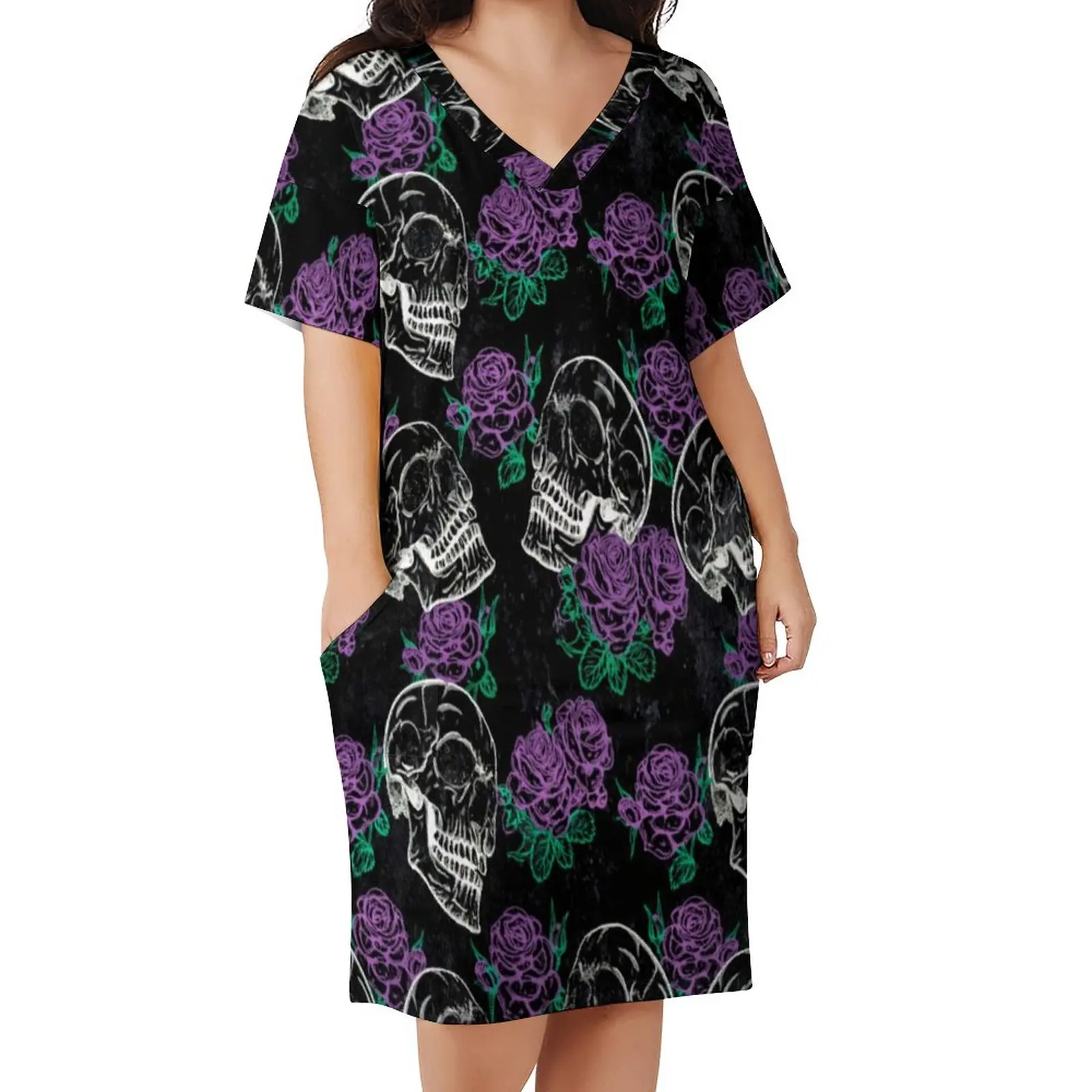 

Gothic Dark Roses Dress Short Sleeve Sugar Skull Print Street Wear Dresses Summer Kawaii Casual Dress Pattern Plus Size Vestido