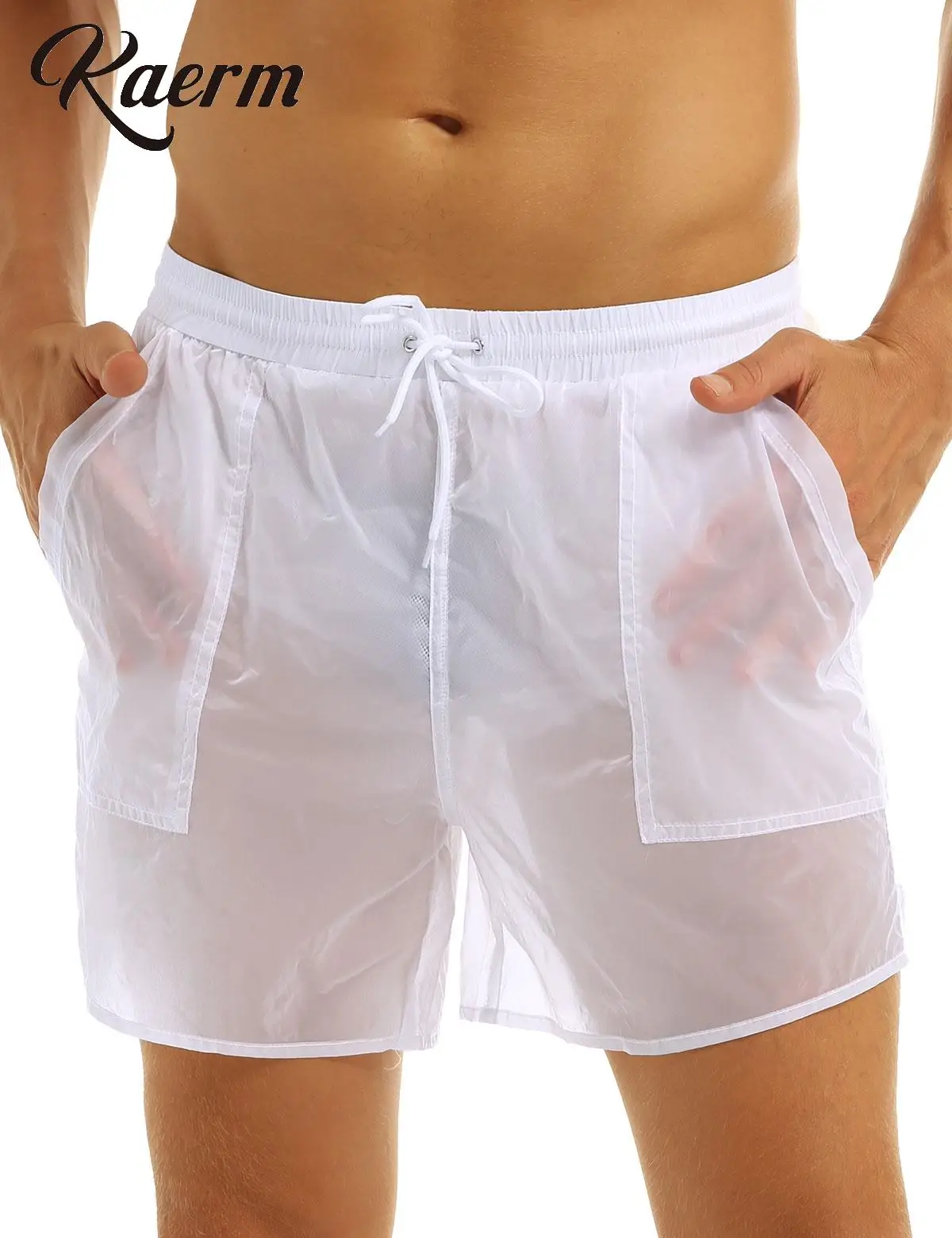 

Mens See-Through Drawstring Quick Dry Beach Shorts Swim Trunks with Pocket Built in Bikini Briefs Boardshorts Swimsuits