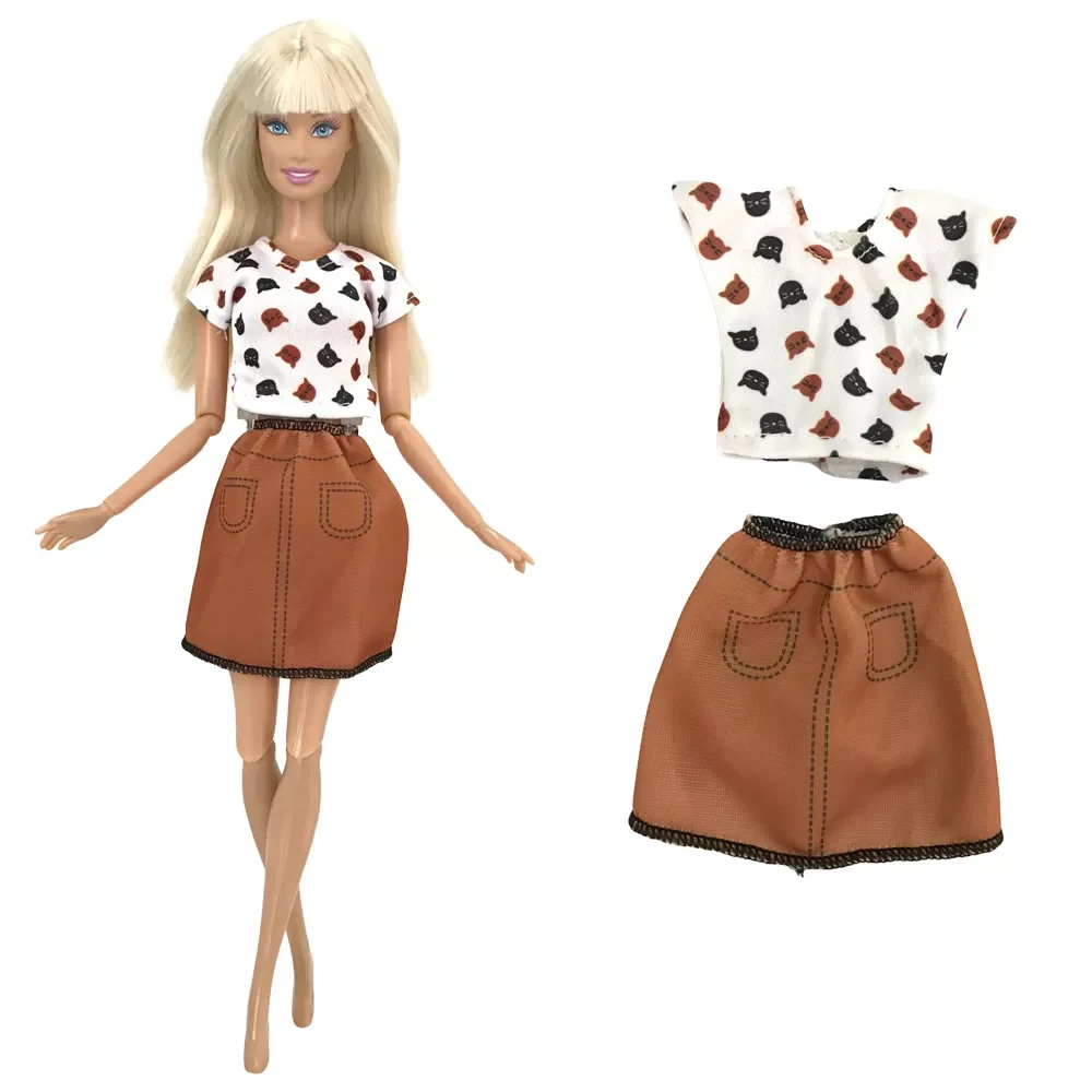 

NK 1 Set Doll Dress Cute Cats Shirt Fashion Brown Skirt Daily Casual Wear Outfit for Barbie Doll Accessories Girl Toy DZ