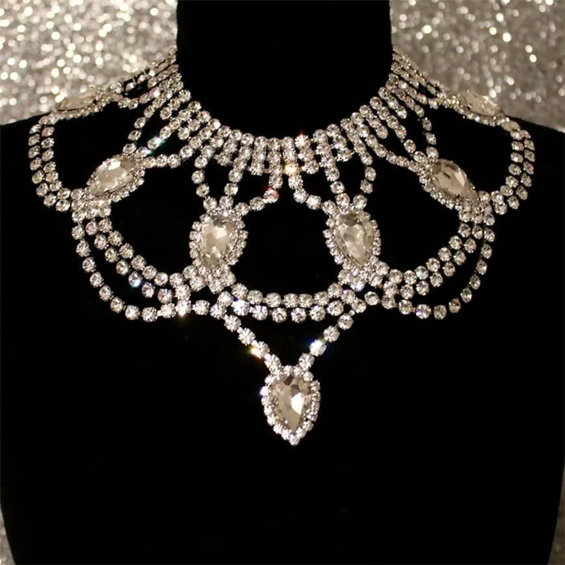 

Exaggeration Multilayer Rhinestone Water Drop Luxury Crystal Choker Statement Necklace for Women Banquet Jewelry Accessories