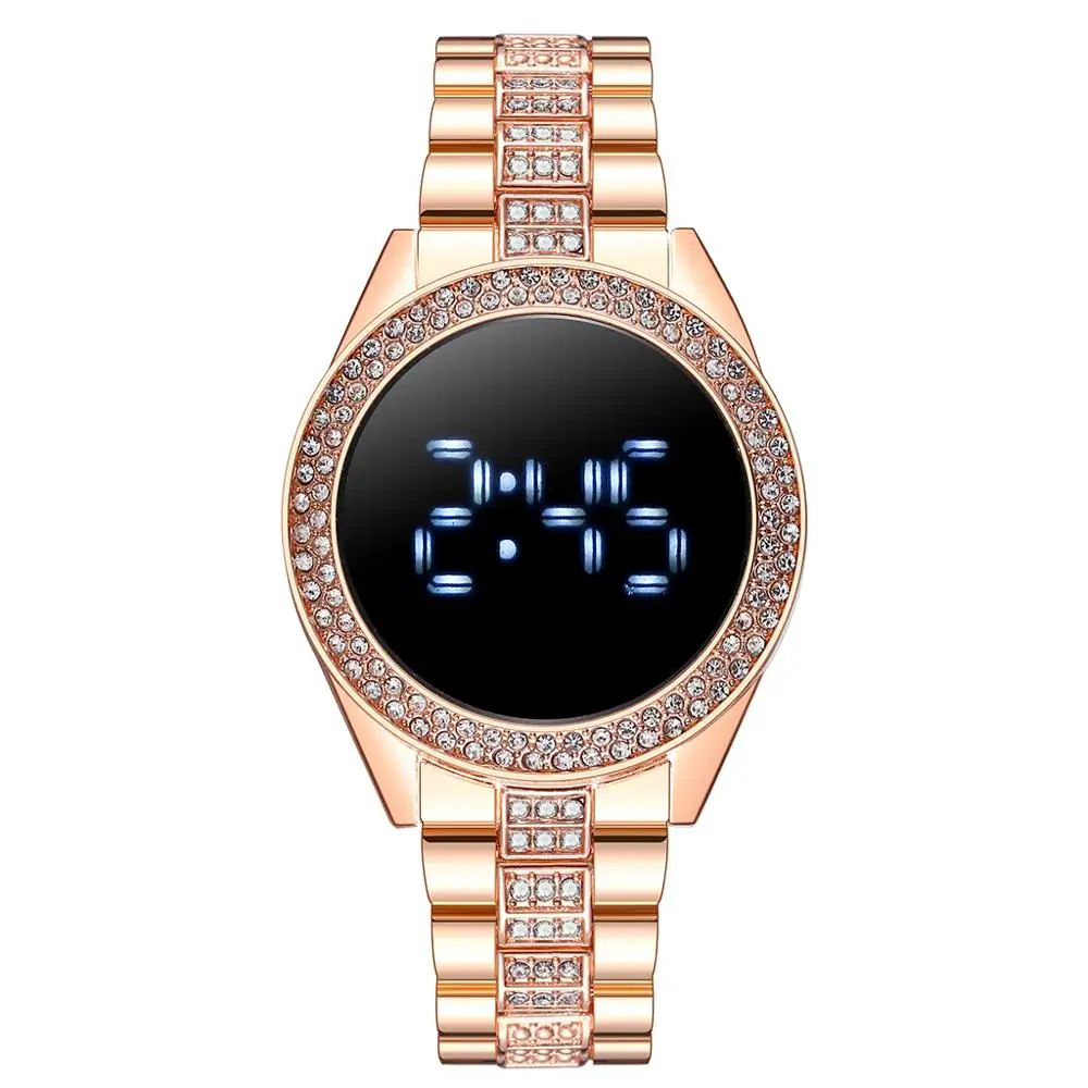 LED Digital Watches for Women Luxury Rose Gold Stainless Steel Diamond-set Dial Magnet Dress LED Quartz Watch Relogio Feminino