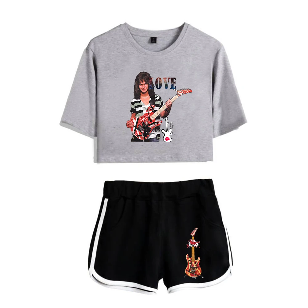 

Harajuku Popular Funny Van Halen Print Short Sleeve Cool Sexy Shorts+lovely T-shirts Dew navel Pretty Girl suits Two Piece Set
