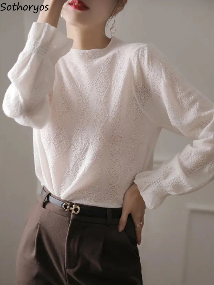 

Knitting T-shirts Women Hollow Out Simple Slim Design Pure Inside Elegant Ladies Flare Sleeve Fall All-match Turtleneck Ulzzang