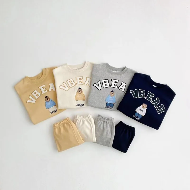 2022 Autumn New Baby Bear Print Clothes Set Kids Boys Long Sleeve Cartoon Sweatshirt + Solid Trousers Casual Children 2pcs Suit