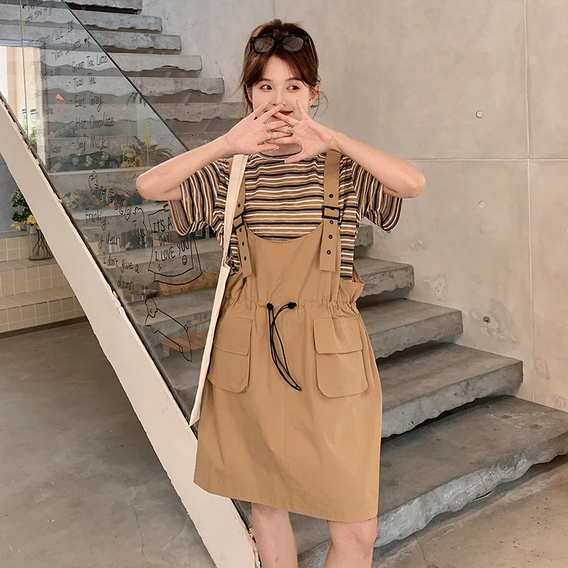 

Summer Two Piece Sets 2023 Women Streetwear Chic Loose Casual Short Sleeve Stripe T-shirt Drawstring Pocket Cargo Dress 0923