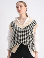 autumn winter women sweater vest houndstooth loose knitted v neck sleeveless chic top fashion vintage sweater female waistcoat