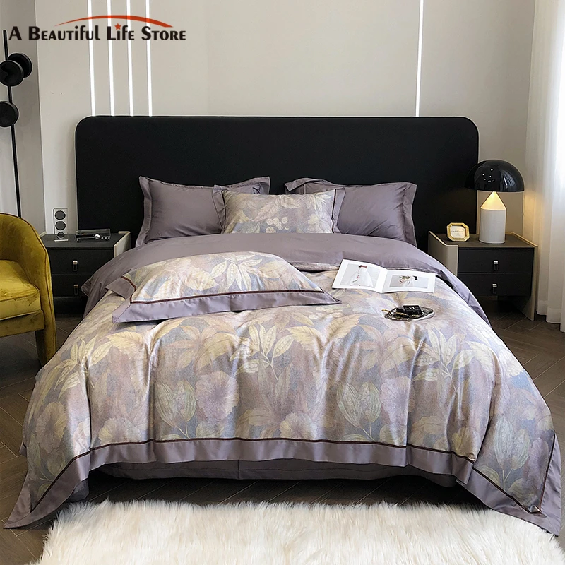 

Luxury Digital Printing Bedding Set 100S Egyptian Cotton Plant Leaves Duvet Cover Soft Flat Bed Sheet Pillowcase Queen King Size
