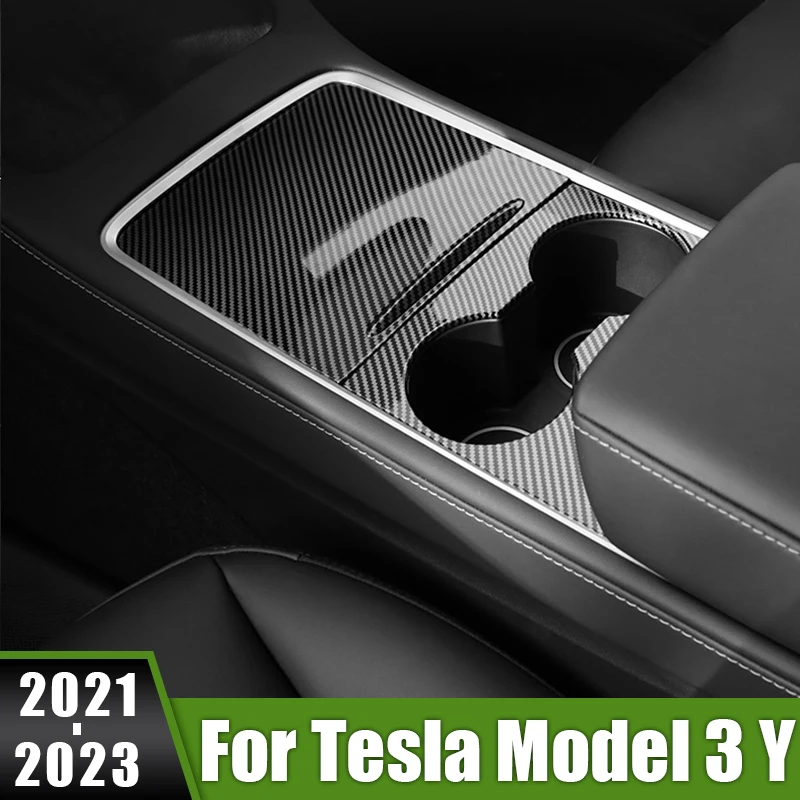 

For Tesla Model 3 Y 2021 2022 2023 ABS Carbon Car Central Control Front Water Cup Holder Trim Cover Stickers Interior Accessorie