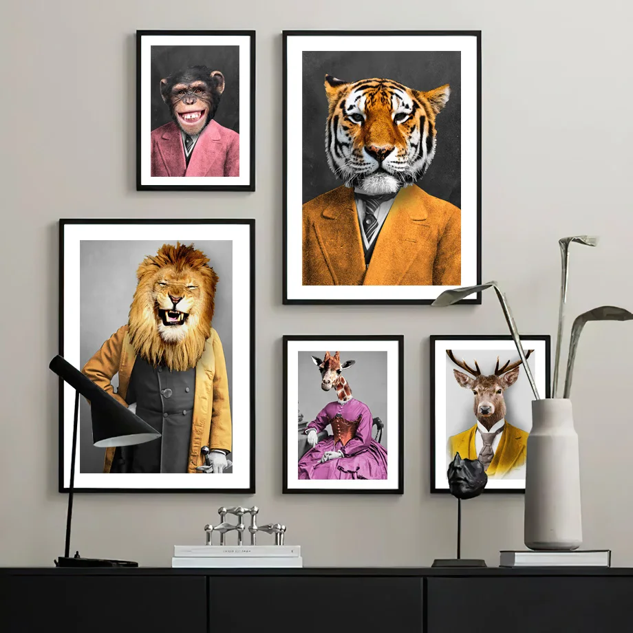 

Lion Quirky Vintage Portrait Nordic Poster Animal Head Human Funny Wall Art Print Canvas Painting Decor Pictures For Living Room