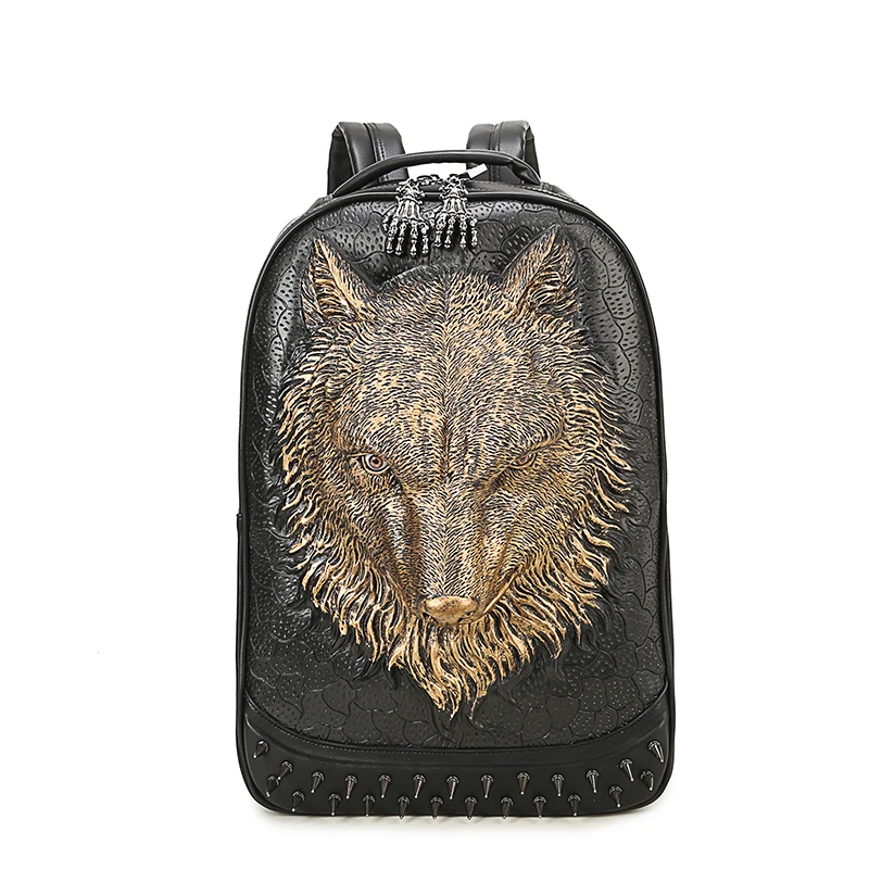 New Fashion 3D Embossed Wolf Backpack bags for Men unique male Bag whimsical Rivet Cool bag For Teenagers Laptop Travel Bags