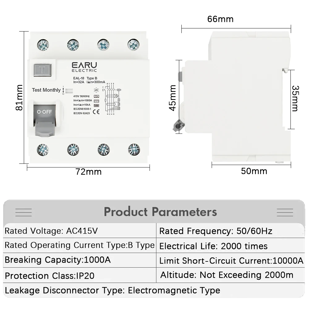 Выключатель остаточного тока для электромобиля 4P 10/30/100 мА