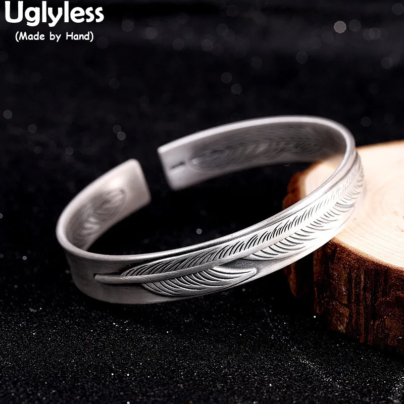 

Uglyless 10MM Wide Feather Bangles for Women Solid 999 Full Silver Bangles Inside Carved LOVE Letters Gifts Jewelry Thai Silver