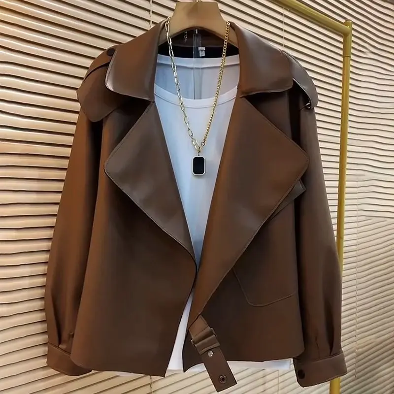 Весенне-осенняя однотонная модная кожаная одежда с отложным воротником и