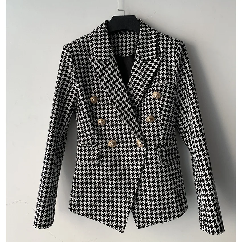 Women's Jacket Double Breasted Metal Lion Button Thousand Bird Vheck Slim Fitting Small Suit Lady Coat In Stock
