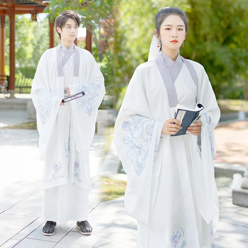 Chinese style traditional embroidery daily improvement Hanfu men and women's couple outfit Ancient style embroidery white set