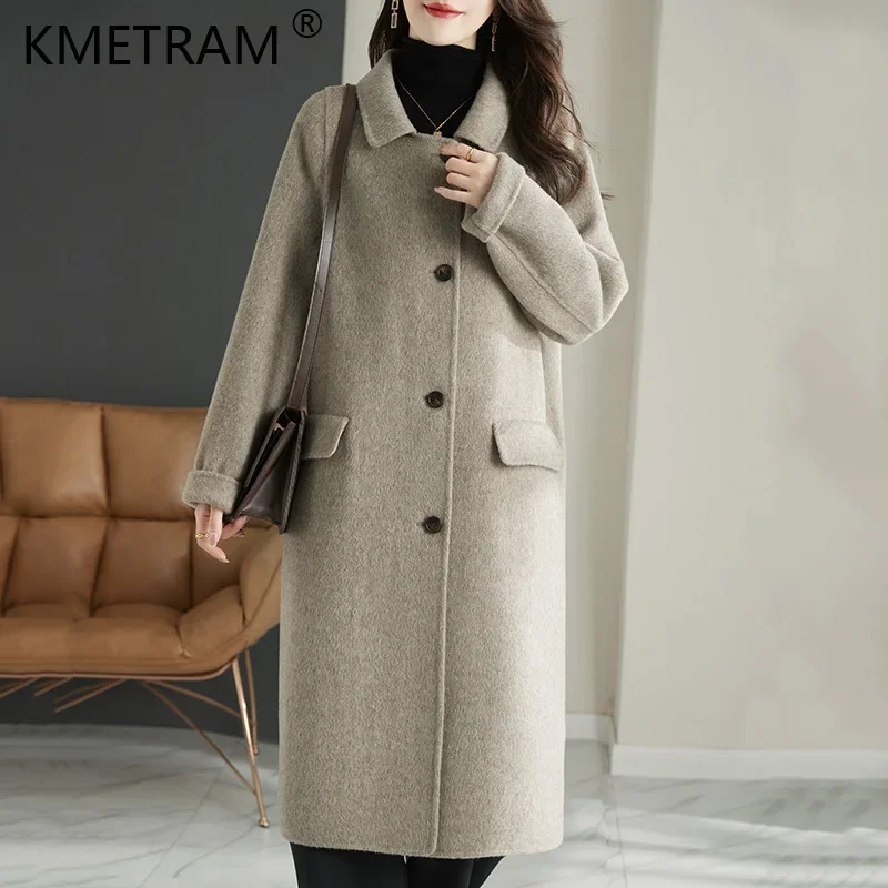 

Брендовое двухстороннее длинное шерстяное пальто, женская осенне-зимняя куртка из 100% шерсти, однобортное шерстяное пальто в Корейском стиле, Блузон для женщин