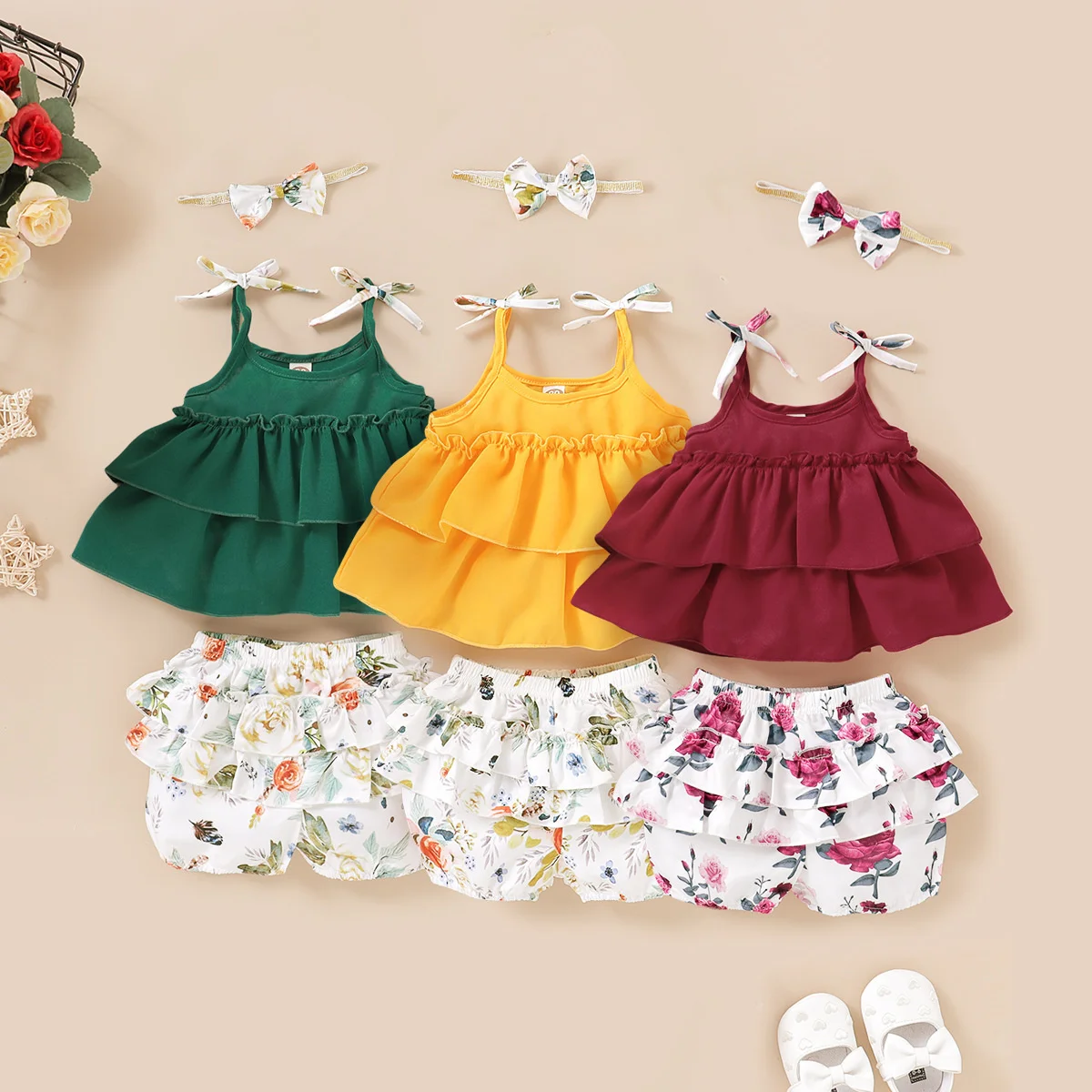 

Girls' spring and autumn new sleeveless suspender Lace + Rose printed shorts