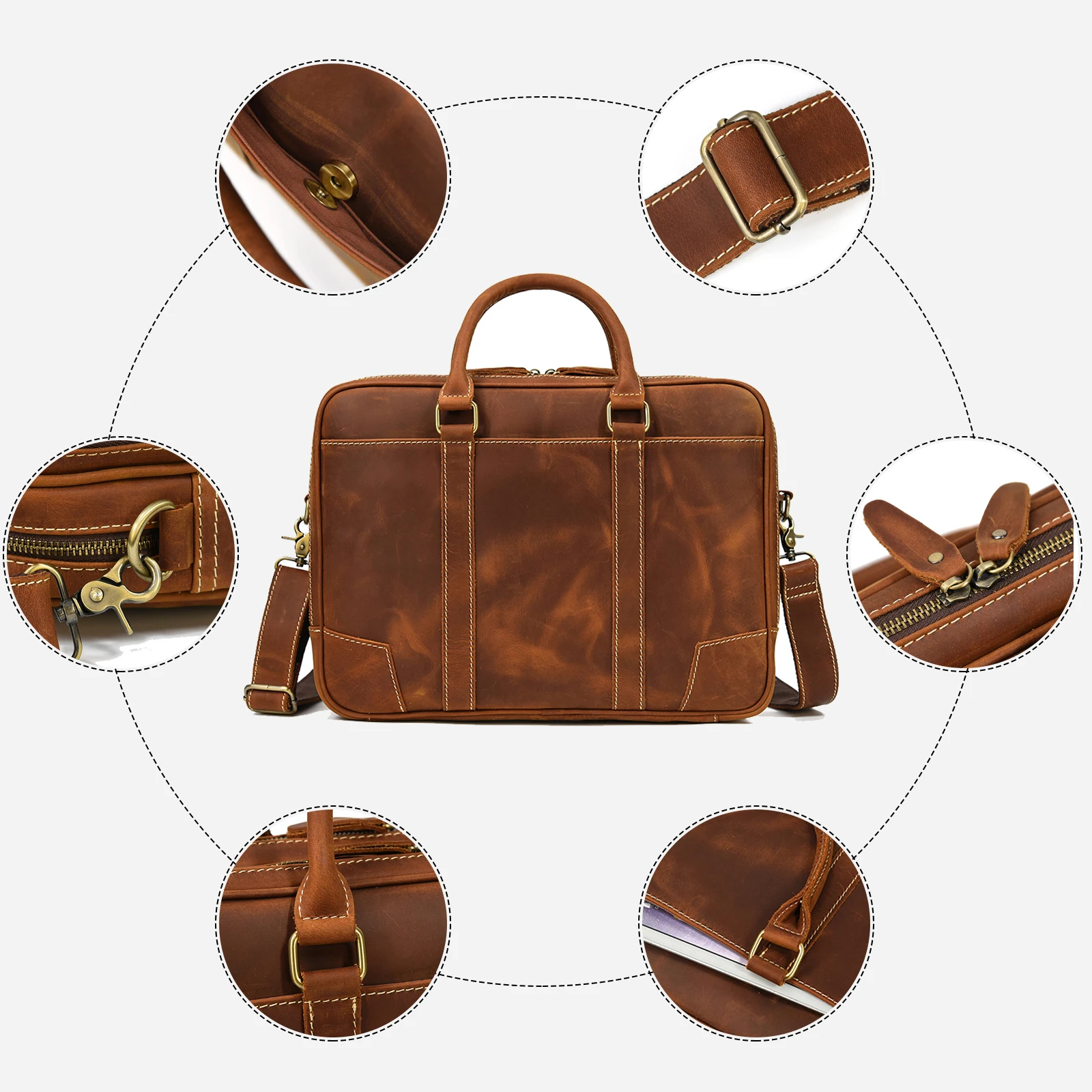 2022 Men's Leather Document Briefcase Vintage Handbag For Men Shoulder Bags 14-In Laptop Bag Briefcase Bag New Men's Office Bags