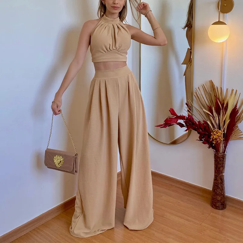 

NEEDBO 2 Piece Set Women Sexy Sleeveless Short Top+ Long Pants Matching Suit Solid Party Girls Women 2-piece set