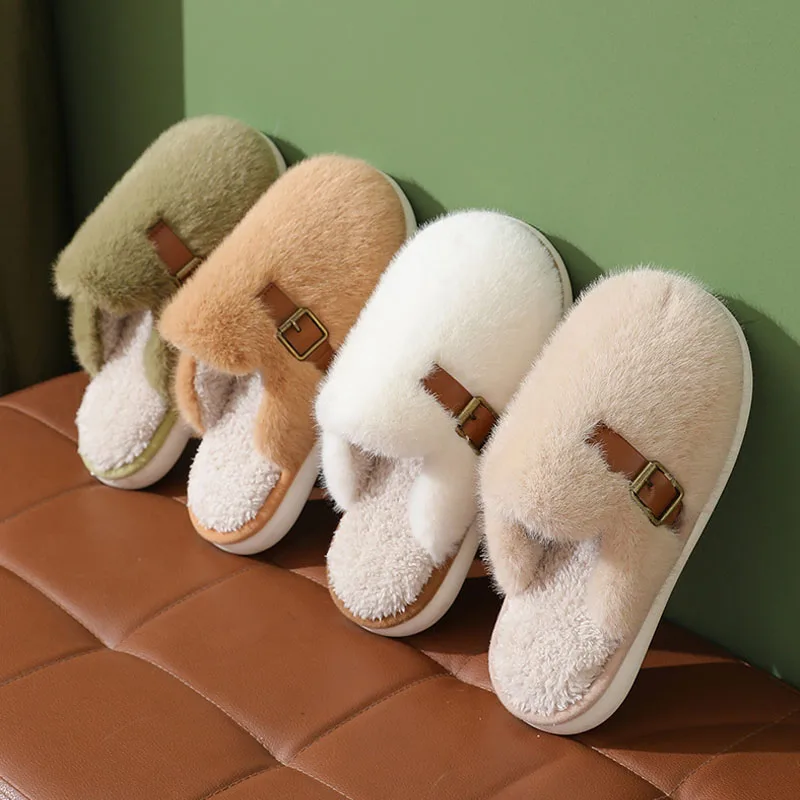 

Winter New Women's Plush Slippers Ladies Fashion Belt Buckle Furry Mules Home Cotton Shoes Indoor Soft Flat Bottom Warm Slippers