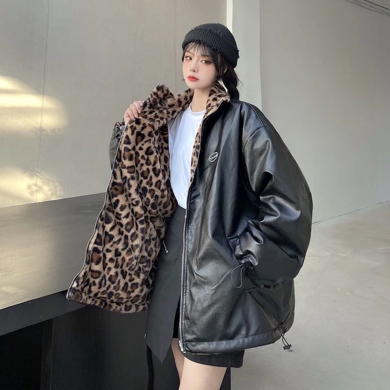 ZOUXO Coat Women 2023 Winter Leopard Print Thickened Fleece Coat New Fashion Vintage PU Cotton Clothes