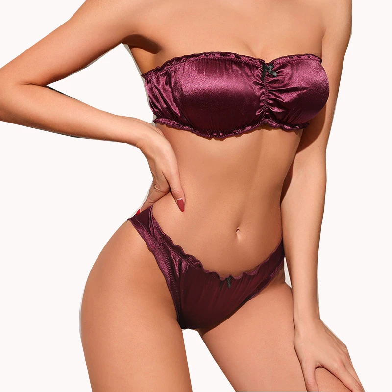 

Super Elastic Satin Fashion Bow Sexy Tube Top Beauty Back No Steel Ring Woman Bra Underwear Set with Triangle Breathable Panties