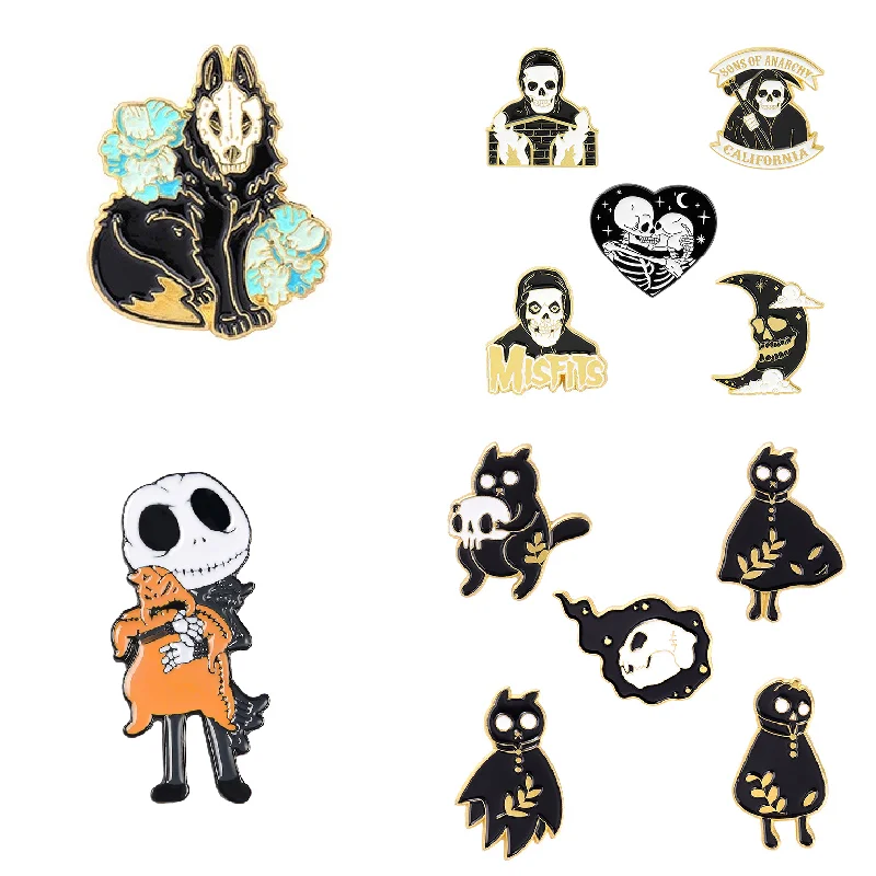 

Mr. Skull Enamel Faceless Black Cat Lapel Pins Punk Gothic Skeleton Lover Brooches Badges Bag Jewelry Gift For Friends Wholesale