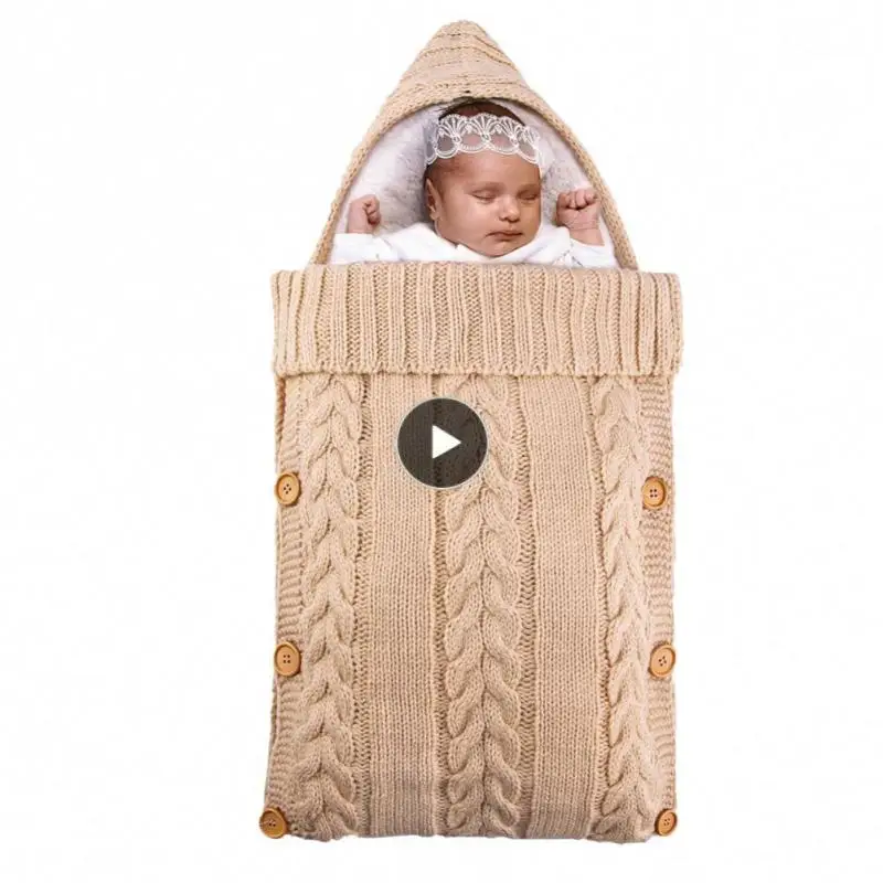 

Newborn Plus Velvet Sleeping Bag Baby Knitted Wool Blanket Crocheted Winter Warmth Button-wrapped Sleeping Bag With Hat