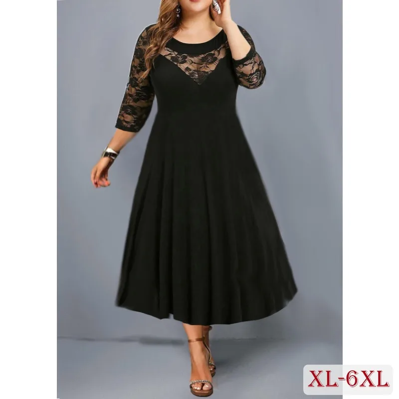 

Elegant Plus Size Women Dress Office Lady Lace Patchwork Long Party Dresses for Classy Female Long Sleeve Prom Vestido L-6XL