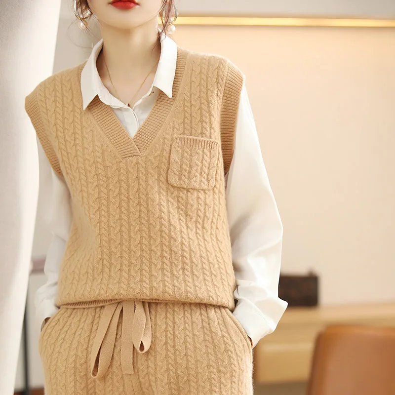 Spring And Summer New Cashmere Set Women's Knitted Vest Pure Wool Two-Piece Twist Shorts Loose Wide-Leg Pants