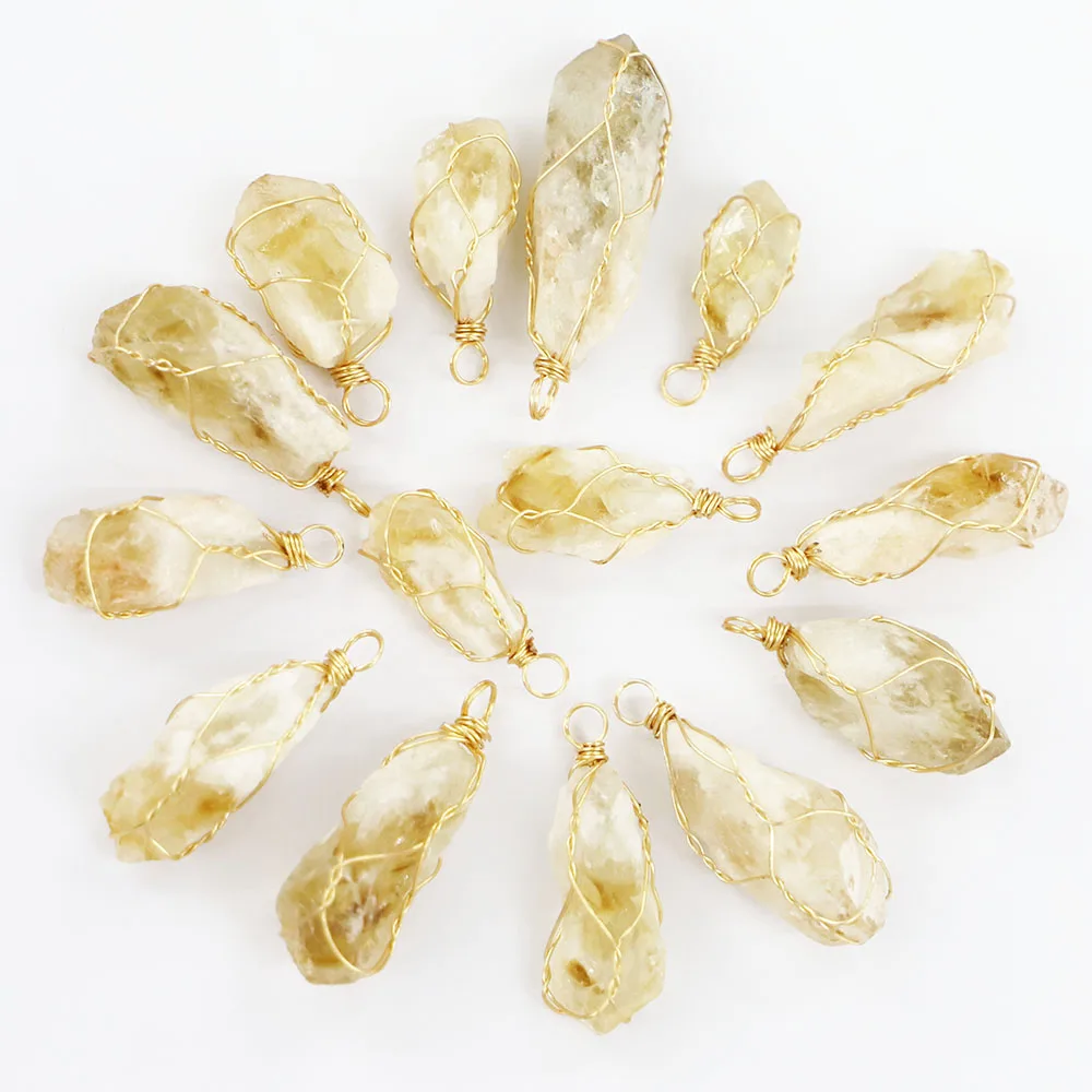 

Fashion Natural Irregular Citrine Raw Ore Stone Winding Golden Pendants Necklace Charms Making Jewelry Earring Accessories 12Pcs