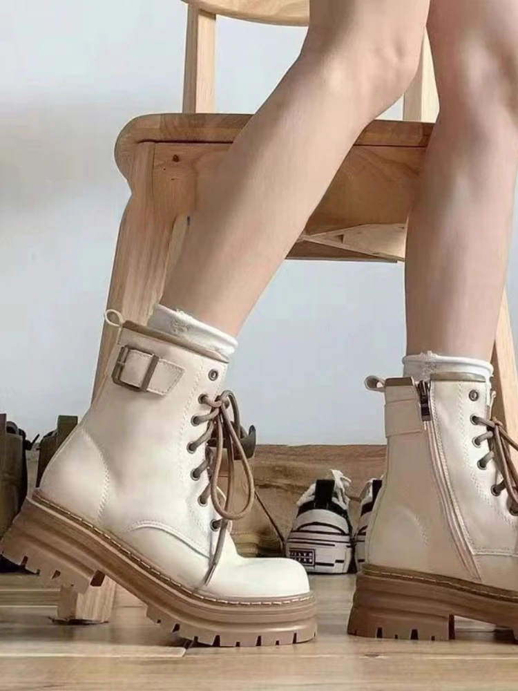 QWEEK Women's Khaki 2022 New Autumn British Short Ankle Boots Platform Rubber Chelsea Shoes Korean Fashion Chunky Heels Designer