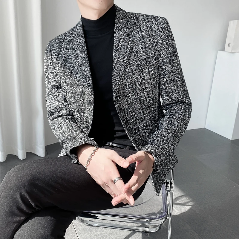 

Autumn Winter Light Luxury Men's Blazers Plaid Slim Business Casual Suit Jackets Wedding Social Dress Coat Street Male Clothing