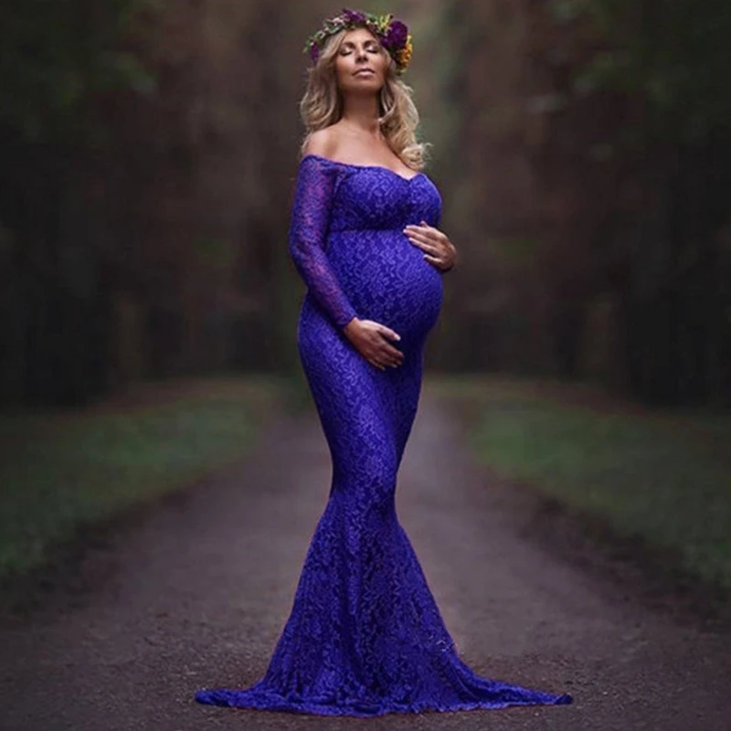 

Maternity Dress Maternity Lace Off-Shoulder Long Sleeve Line Neck Dress Pregnancy Fancy Photography Photo Dress