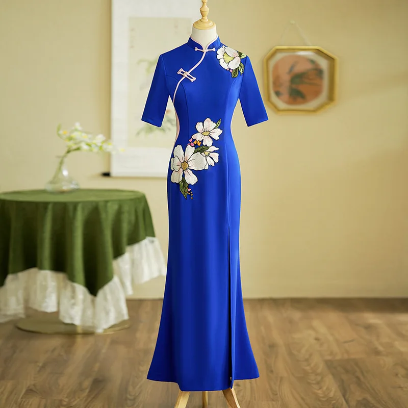 Длинное платье-русалка Cheongsam с фиолетовым принтом модное утягивающее платье