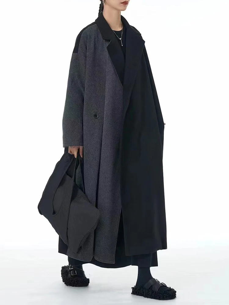 [EAM] Оранжевое длинное шерстяное пальто большого размера с цветными блоками новая